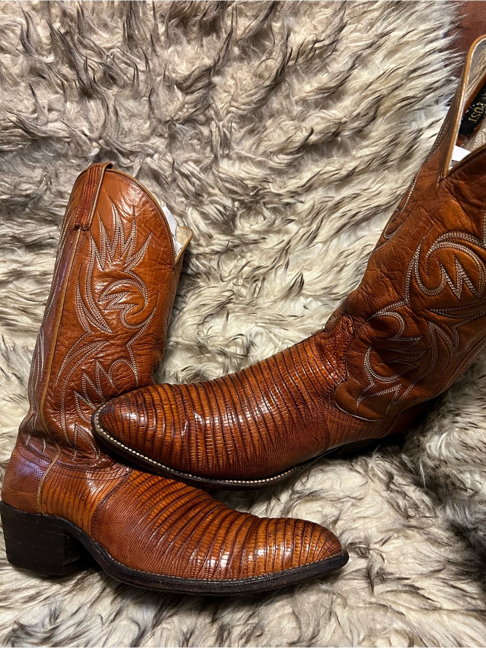 Dan Post Cognac Brown Lizard & Leather Exotic-Texture Western Boots Sz 11.5 D